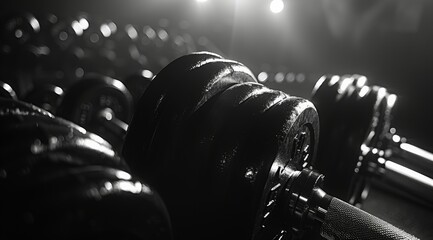 Dumbbells in a gym with background equipment for body building and strength training. Concept of fitness club or body building training with space for copy and design. - obrazy, fototapety, plakaty