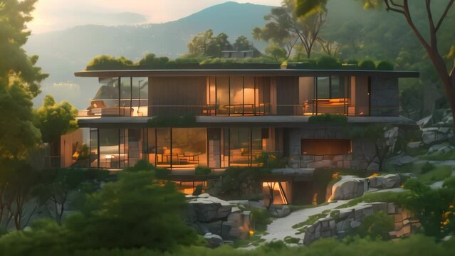 simple and elegant house, on a hill in the forest near a ravine