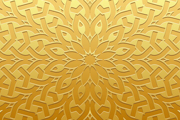 Embossed gold background, ethnic cover design. Geometric gold artistic 3D pattern. Handmade, doodling, boho. Ornamental vintage exoticism of the East, Asia, India, Mexico, Aztec, Peru. - obrazy, fototapety, plakaty
