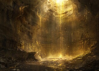 concept art of an underground cavern with golden light - obrazy, fototapety, plakaty