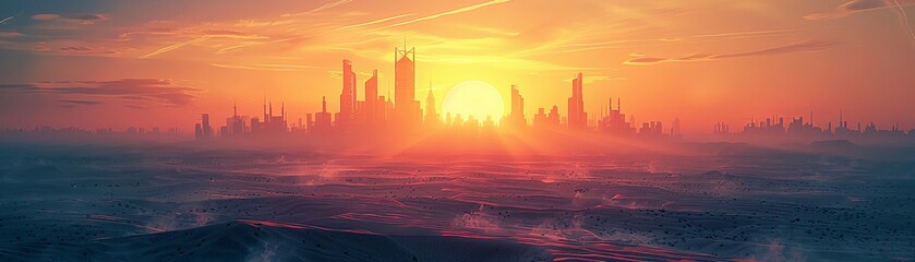 Desert mirage city, sunset, illusionary urban landscape , sci-fi tone