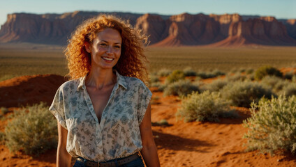 Bellissima donna con capelli ricci e rossi sorride felice al tramonto durante un trekking in vacanza nella Monument Valley negli Stati Uniti d'America - obrazy, fototapety, plakaty