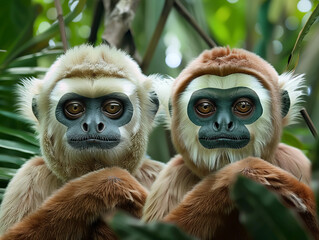 Two monkeys with their faces turned to the camera
