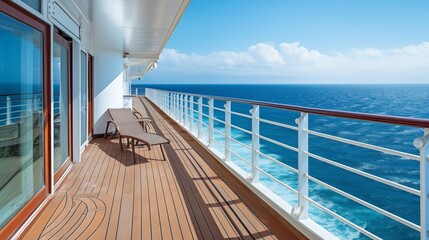 Fototapeta na wymiar Balcony on a cruise ship Rest area on the boat Helps sea travelers enjoy a peaceful retreat amidst the vast seas. 