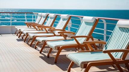 On the cruise ship, deck chairs offer maritime relaxation, providing passengers with comfortable seating to unwind and enjoy the ocean views.
