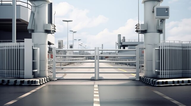 Maritime facility harbor entry control: Port security barrier ensuring safety and regulation compliance at the harbor entrance for enhanced maritime security.
