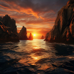 The seascape with ocean and rock formations at a sunset