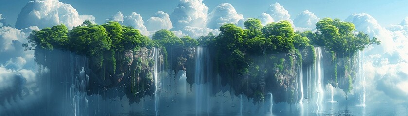 Flying islands with gravitydefying waterfalls, fantasy, floating landmasses and cascading water, surreal and beautiful , sci-fi tone - obrazy, fototapety, plakaty