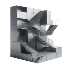 A model of a building with a staircase that is made of metal. The staircase is very tall and has many steps