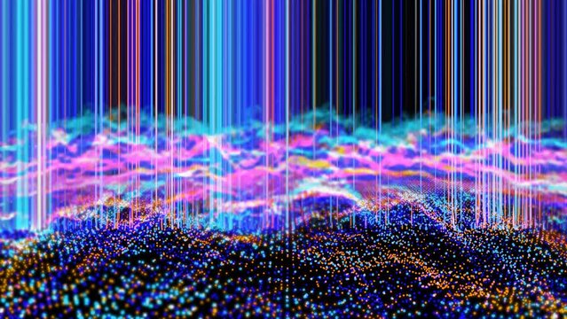 Abstract blue orange pink white visualization scale wipe laser waveform technology digital thiusand element dot on the black screen