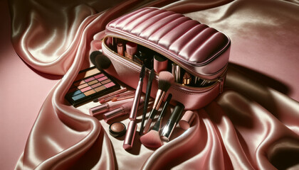 Obraz premium Stylish Beauty Arrangement with Pink Satin Makeup Bag and Assorted Cosmetics