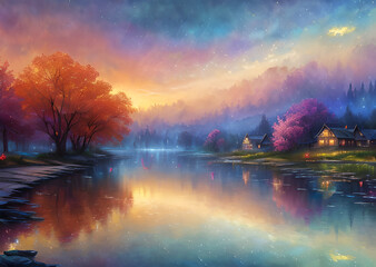 Medieval fantasy fairytale town houses and river, Generative AI