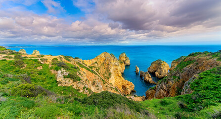 view of the coast of the sea, Ponta da Piedade, Portugal, Algarve, February 2024