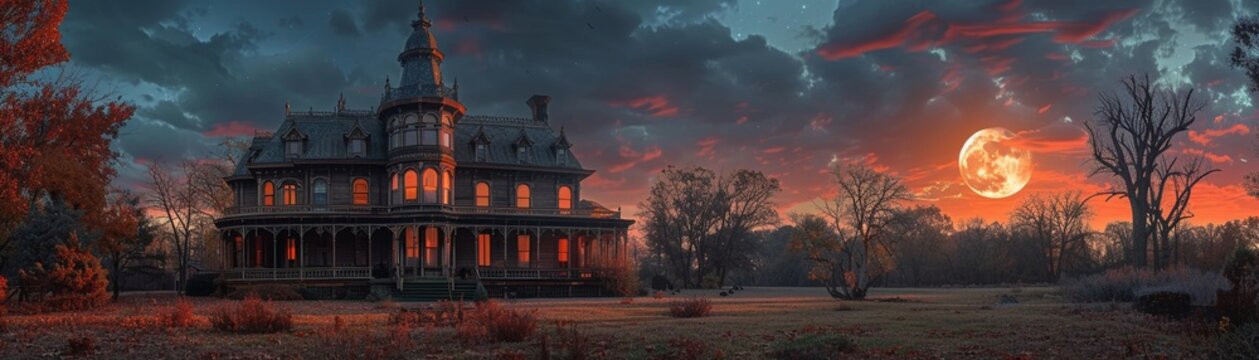Haunted Victorian mansion, ghostly, full moon, spooky elegance , vibrant color