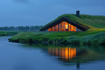Obraz premium Hightech Viking longhouse, evening, ancient meets future , vibrant color