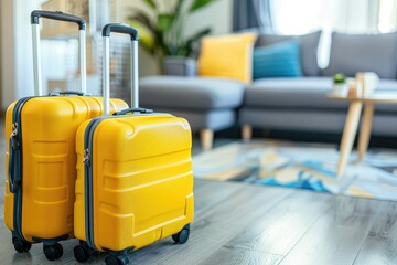Two yellow suitcases sitting on a hardwood floor in a modern living room setting, ready for vacation
