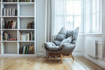 A chair placed in front of a bookshelf filled with books