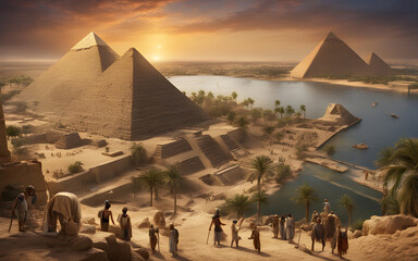 Egyptian pharaoh overseeing the construction of a pyramid, workers and slaves in the background, Nile River in the distance - obrazy, fototapety, plakaty