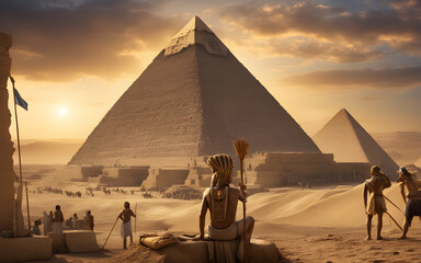 Egyptian pharaoh overseeing the construction of a pyramid, workers and slaves in the background, Nile River in the distance - obrazy, fototapety, plakaty