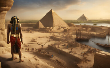 Egyptian pharaoh overseeing the construction of a pyramid, workers and slaves in the background, Nile River in the distance