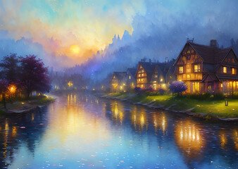 Medieval fantasy fairytale town houses and river, Generative AI