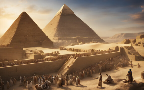 Egyptian pharaoh overseeing the construction of a pyramid, workers and slaves in the background, Nile River in the distance