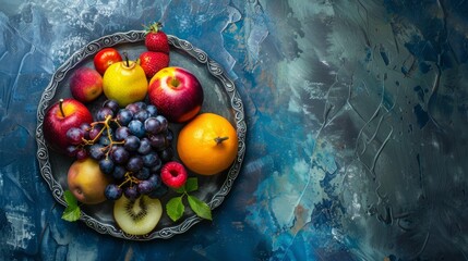 fruits and berries on a plate on a blue background space for text