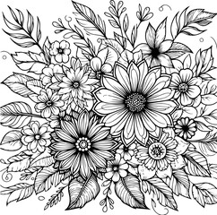 Flowers black outline illustration coloring book page
