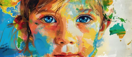 Fotobehang A vibrant painting of a childs face with a map of the world as the background. The nose, cheek, and eyebrow detail in electric blue make the visual arts piece pop with happiness © AkuAku