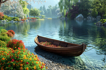 a beautiful view of wooden old boat standing in a pure water stream with colorful trees and plant on the bank - obrazy, fototapety, plakaty