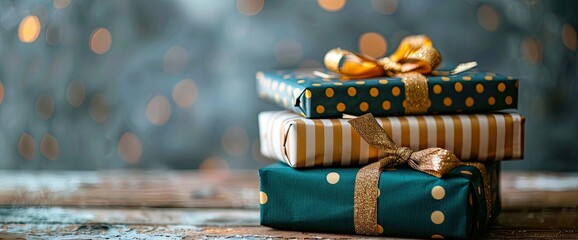 Stack of Beautifully Wrapped Gifts on Wooden Table