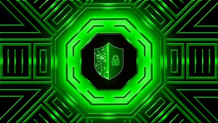 Modern futuristic background with glowing neon green lights and protective shield with padlock centered in octagonal elements - digital security information technology concept - 3D Illustration