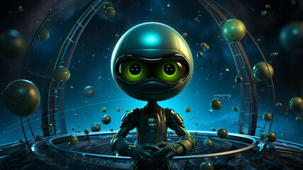 A cartoon logo icon of a friendly alien on a futuristic space station with planets background.