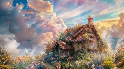 Charming thatched cottage surrounded by a vibrant flower garden under a dramatic sky with iridescent clouds. - obrazy, fototapety, plakaty