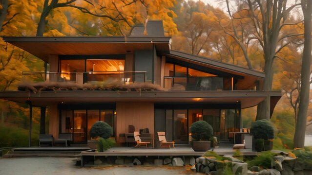 view of a simple and elegant house in the autumn forest