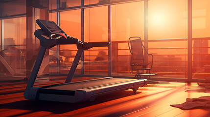 Gym with treadmills and view of the city outside the window with sunset view background  - obrazy, fototapety, plakaty
