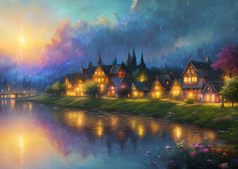 Fototapeta na wymiar Medieval fantasy fairytale town houses and river, Generative AI
