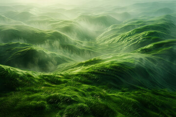 Imagine an AI-generated image capturing an abstract romantic scene set amidst rolling hills of lush, green meadows. Soft tendrils of mist drift lazily across the landscape, casting an ethereal glow on - obrazy, fototapety, plakaty