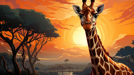 A cartoon logo icon of a friendly giraffe on a safari with acacia trees and a sunset background.