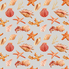 Watercolor Seamless pattern with seashell, coral, crab, starfish nautical wallpaper, sea background design Hand drawn  - obrazy, fototapety, plakaty