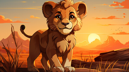 A cartoon logo icon of a friendly lion on a savannah with tall grass and a sunset background.