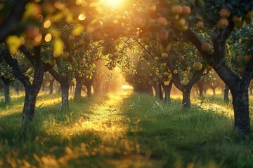 Apple trees in an orchard, with fruits ready for harvest.morning panorama shot