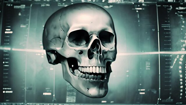 Skull x-ray film. Old vintage design 4k video. Human body research. MRI scan brain for diagnosis. 3D skull moving around
