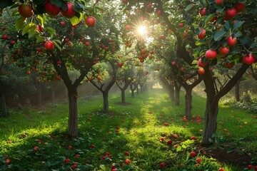 Apple trees in an orchard, with fruits ready for harvest.morning panorama shot