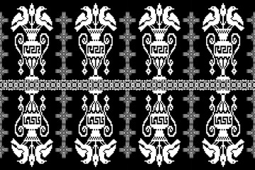 Geometric ethnic floral pixel art embroidery, Aztec style, abstract background design for fabric, clothing, textile, wrapping, decoration, scarf, print, wallpaper, table runner. - 778801936