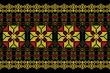 Geometric ethnic floral pixel art embroidery, Aztec style, abstract background design for fabric, clothing, textile, wrapping, decoration, scarf, print, wallpaper, table runner. - 778801976