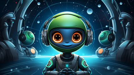 A cartoon logo icon of a friendly alien on a futuristic space station with planets background.