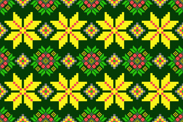 Geometric ethnic floral pixel art embroidery, Aztec style, abstract background design for fabric, clothing, textile, wrapping, decoration, scarf, print, wallpaper, table runner. - 778802109