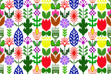 Geometric ethnic floral pixel art embroidery, Aztec style, abstract background design for fabric, clothing, textile, wrapping, decoration, scarf, print, wallpaper, table runner. - 778802111