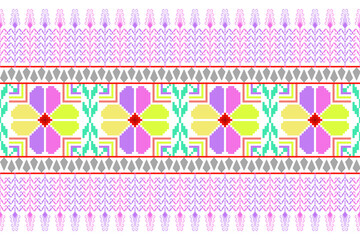 Geometric ethnic floral pixel art embroidery, Aztec style, abstract background design for fabric, clothing, textile, wrapping, decoration, scarf, print, wallpaper, table runner. - 778802127